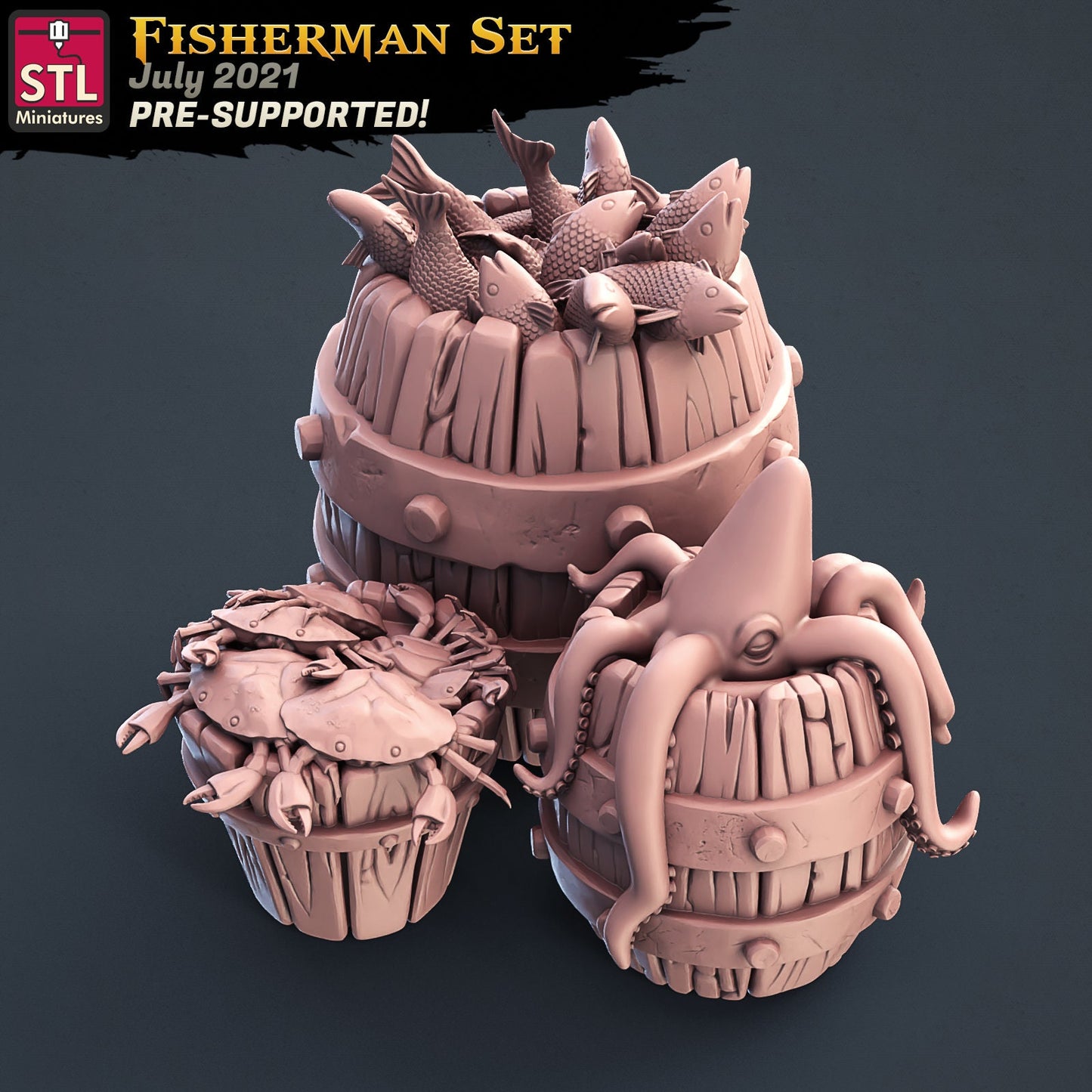 Fisherman Barrels - Tabletop  miniature - Fantasy - 32mm - D&D  Resin Miniature